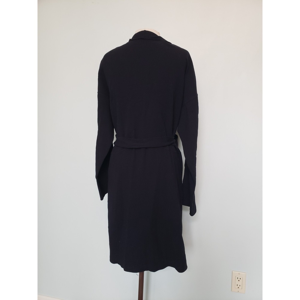 Apostrophe Womens‎ 42 L 100% Wool Coat Belted Lambskin Leather Pockets Dark Navy - Picture 2 of 13